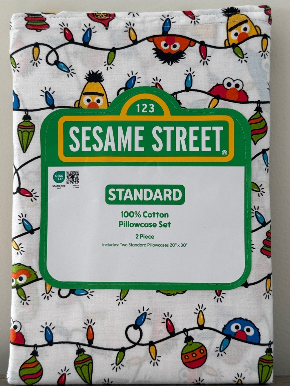Sesame Street Kids Holiday Pillowcase Set White Multi-Color lights Character